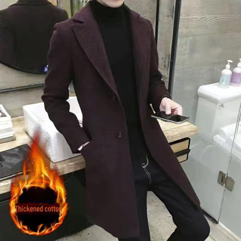 Men's Slim Fit Woolen Windbreaker - Korean Style, Mid-Length, Warm for Autumn and Winter