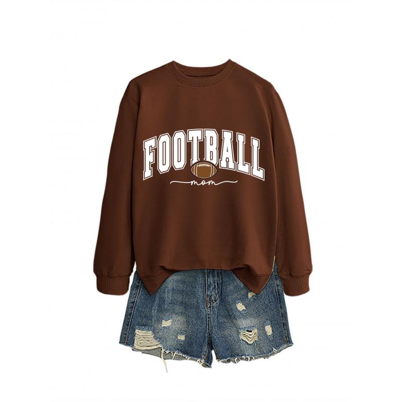 Womens Casual Round Neck Long Sleeve Cotton Sweatshirt With Football Mom Print - Loose Fit Plus Size S-XXL
