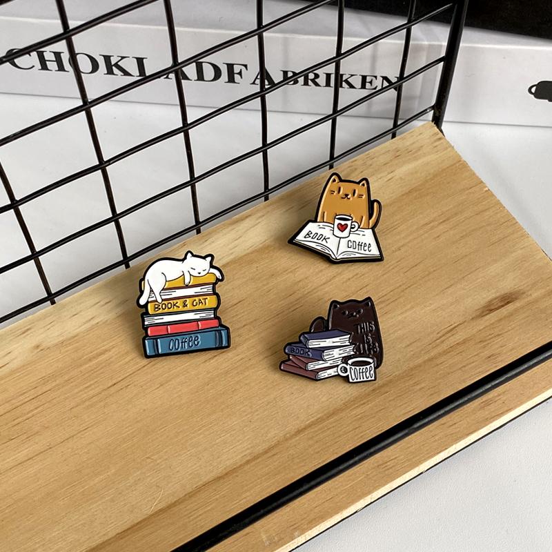 This Is Life Enamel Pins Custom Cats Books Coffee Brooches Lapel Badges Animal Pet Reading Jewelry Gift for Kids Friends