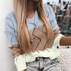 Women Fashion Loose Contrast Color V-neck Hollow Loose Knit Long-sleeved Sweater