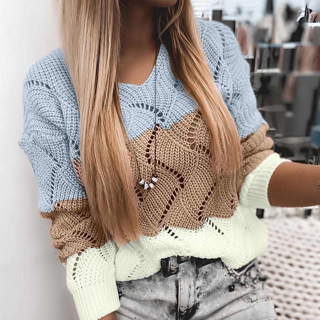 Women Fashion Loose Contrast Color V-neck Hollow Loose Knit Long-sleeved Sweater