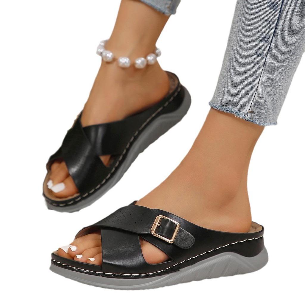 New Flat Casual Slippers with Cross Belt Buckle Solid Color Beach Shoes for Women, Flat Slippers for Women, Fashionable