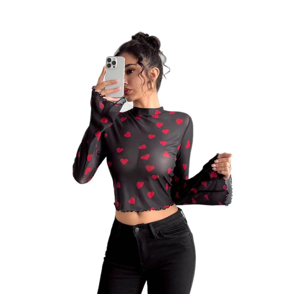 Ins Herbst Damen Netzprint Rundhals Glockenärmel Langarm T-Shirt Mode Täglich Basic Büro Dame Lässig Slim Fit Damen Elegantes Oberteil