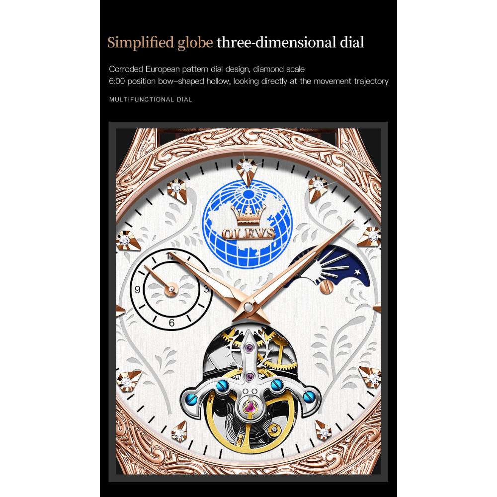 OLEVS Neue Herrenuhren, dreidimensionales Relief-Zifferblatt, aushöhlen, multifunktionale mechanische Uhren, wasserdichte Herrenuhren