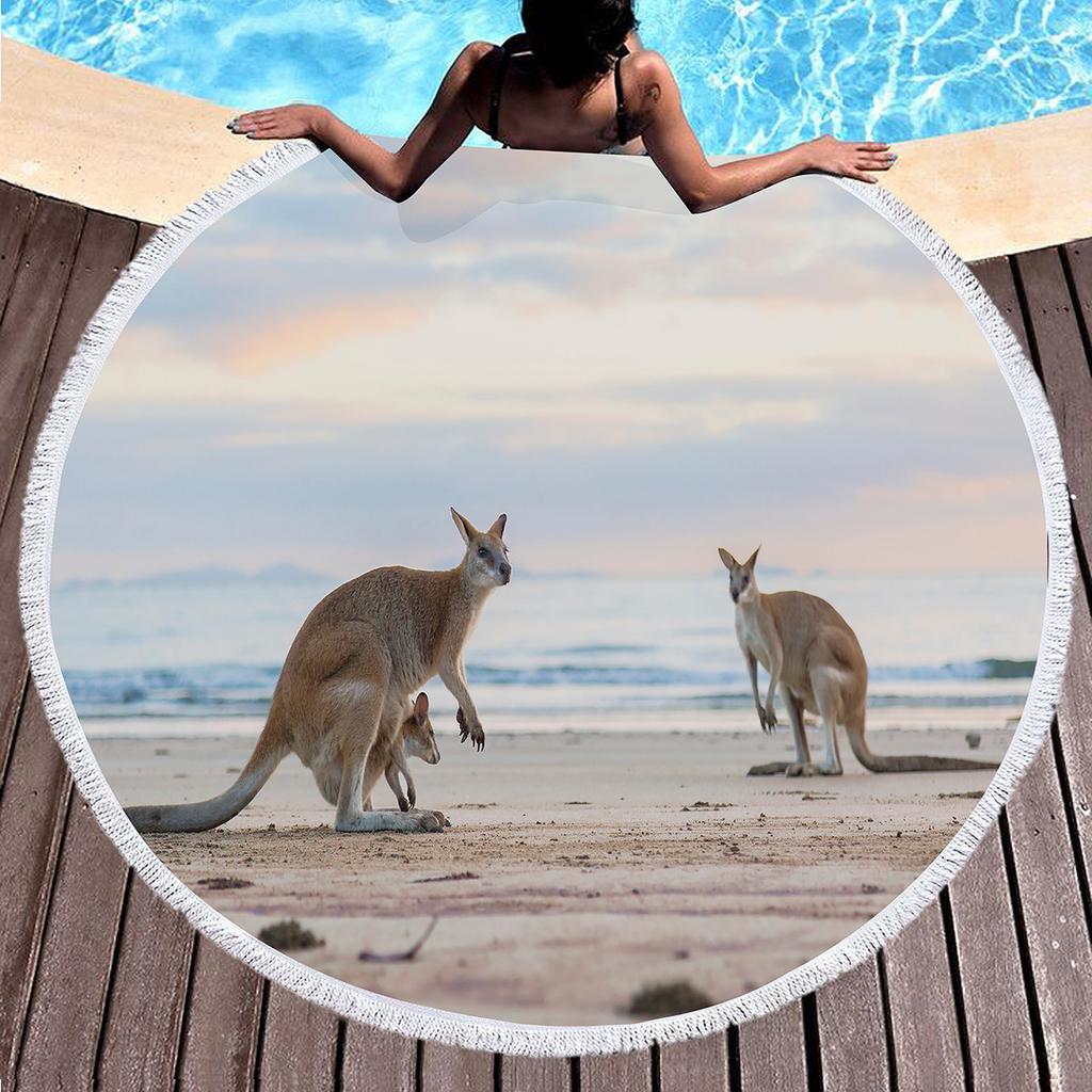 Kangaroo Round Beach Towel with Tassels, Microfiber Quick Dry Beach Blanket Sand Free Quick Dry Yoga Mat Circle Swim Pool Towel