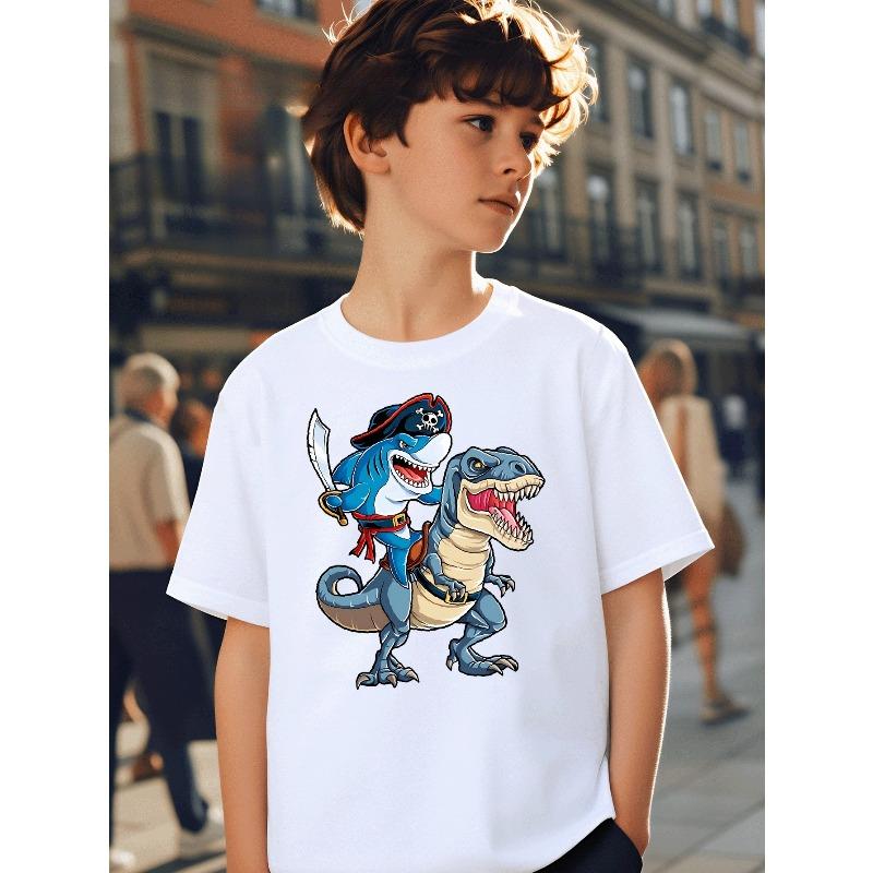 Boys Crewneck Tee, Pirate Shark Riding T-Rex Dinosaur Print 110