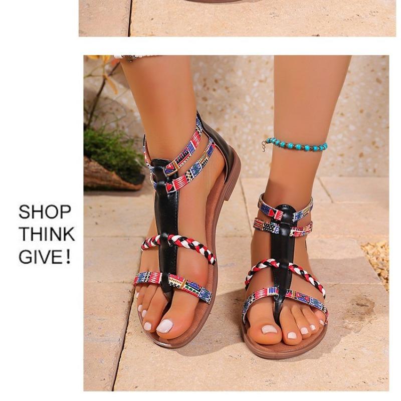 Böhmischer Stil Gemischte Farbe Flache Sandalen Für Damen 2025 Sommer Kneifen Schmaler Riemen Reißverschluss Fersenkappe Römersandalen