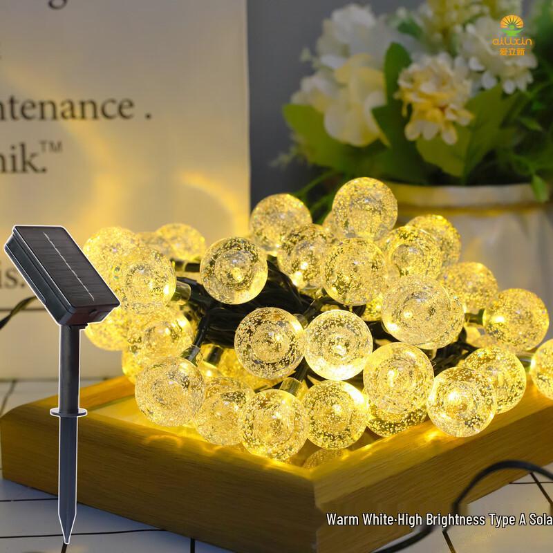100-Light 10M Solar Warm White Bubble Ball LED String Lights