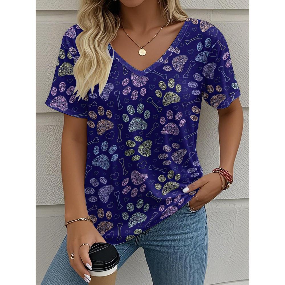 Cat Women s V-neck T-shirt Summer Outdoor Casual Short Sleeve Tops 3D Cute Cat Hand Printed OverSize Women s Clothing S