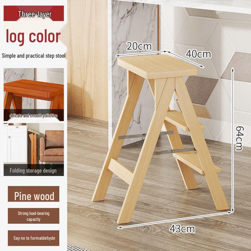Three-Step Solid Wood Folding Ladder Stool: Multifunctional for Kitchen and Bar Use