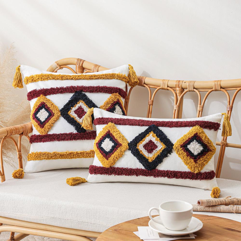 Ins Wind Tufted Pillowcase Coffee Color Cushion Cover Geometric Pattern Living Room Sofa Bed Waist Pillow Back Rest