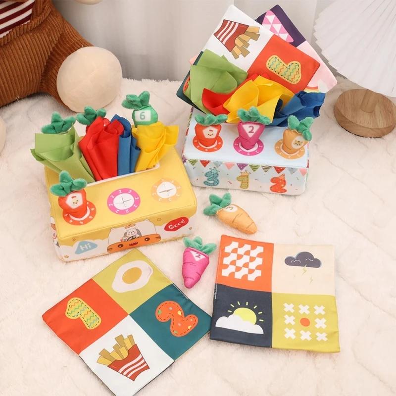 Giocattoli per Bambini 0-12 Mesi Scatola di Fazzoletti Giocattolo Ravanello Estraibile Giochi per Bambini Piccoli Giocattoli per Abilità Motorie Fini Giocattolo Sensoriale per l'Apprendimento Precoce Montessori
