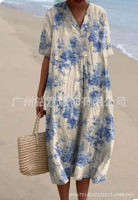 New Loose Casual Comfortable V-neck Digital Printing Pleated Large Version Dress