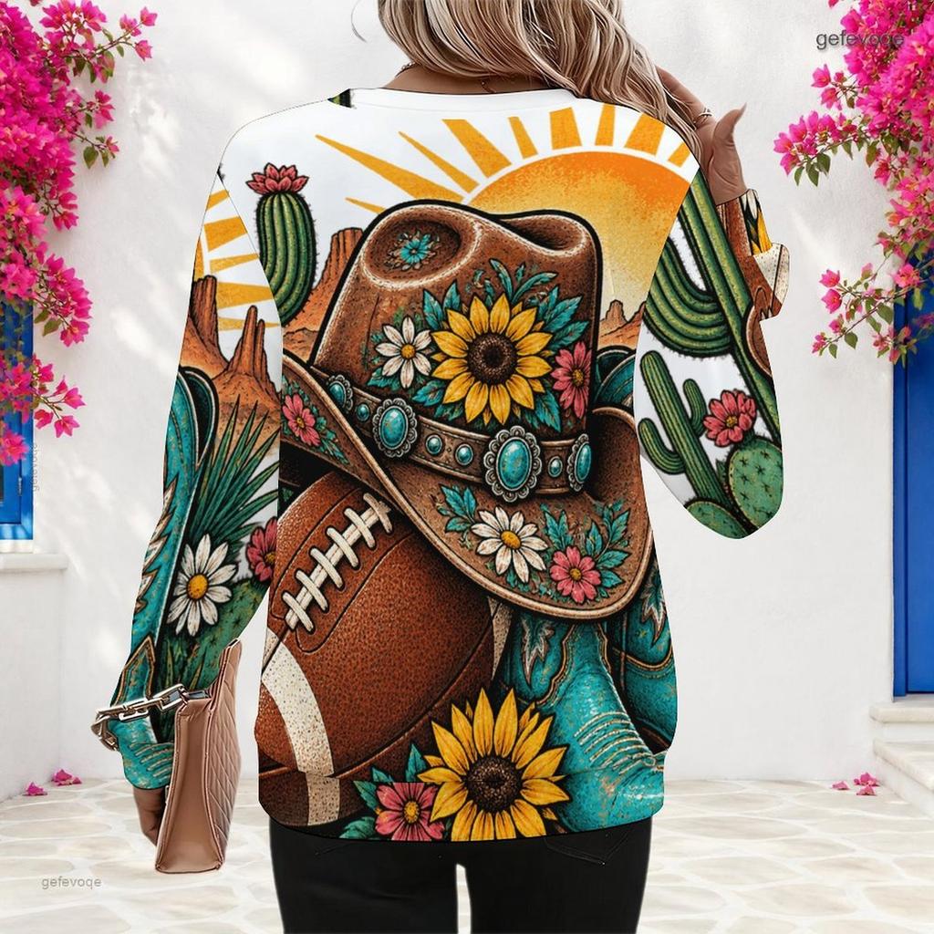 Women Plus Size Round Neck Long Sleeve Cowboy Hat Football Sunflower Print Sweatshirt Ribbed Cuffs Pullover