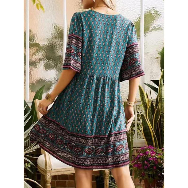 YYFS Women's Fashion Summer Spring Flower Pattern Print Short Sleeve V-Neck Loose Waistline Casual Dresses