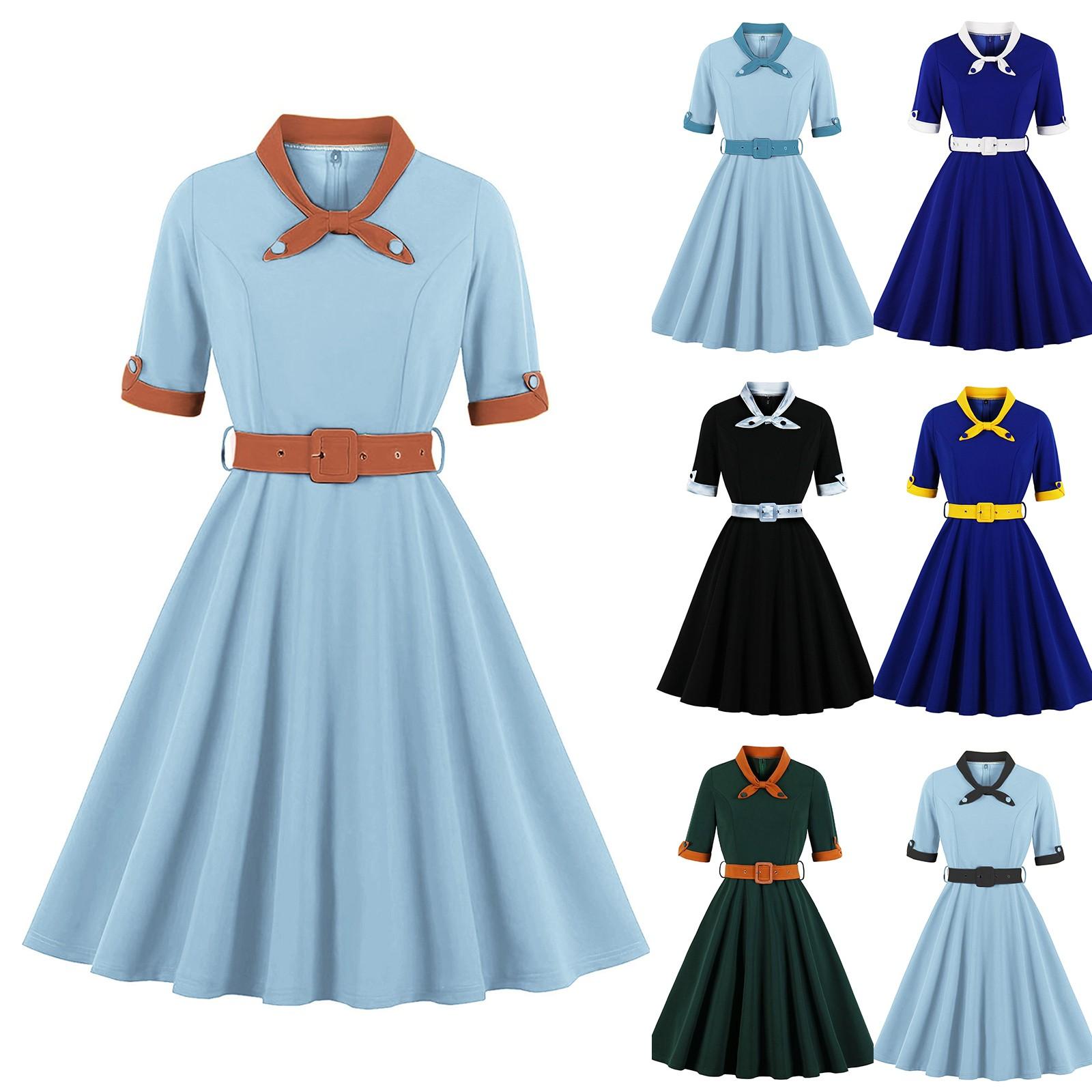 

Women s V-neck Slim-fitting Short-sleeved Retro Dress With Big Swing Skirt L чорний