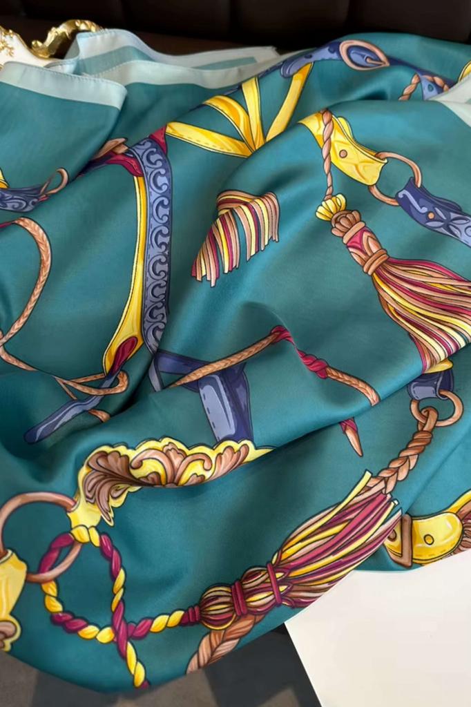 Women' Scarf 90X90 "Emerald Glow" - Green Scarf with Harness Motif Made of Imitation Silk