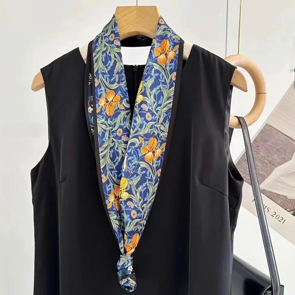 Bysifa|New Blue Yellow Long 100% Mulberry Silk Scarf Headband Spring Summer Fashion Floral Silk Ribbons Scarves Floulard Printed