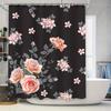 Delightful Floral Shower Curtain, Pink Roses Gray Blossoms Decor, Black Bath Fabric Curtain For Bathroom Decor, Waterproof Showe