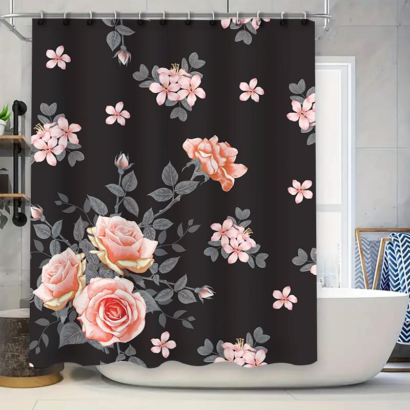 

Delightful Floral Shower Curtain, Pink Roses Gray Blossoms Decor, Black Bath Fabric Curtain For Bathroom Decor, Waterproof Showe W60H190(CM)-1 Pcs