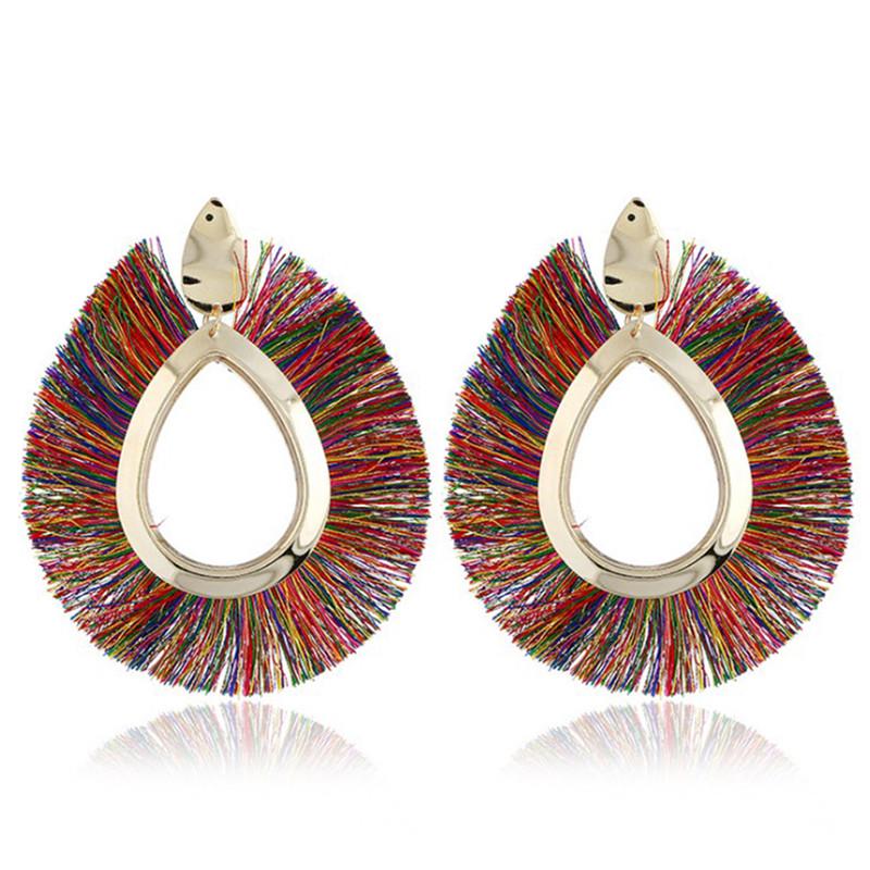 Vintage Hand Woven Fan Shaped Thread Tassel Dangle Earrings Bohemian Ethnic Statement Drop Earrings