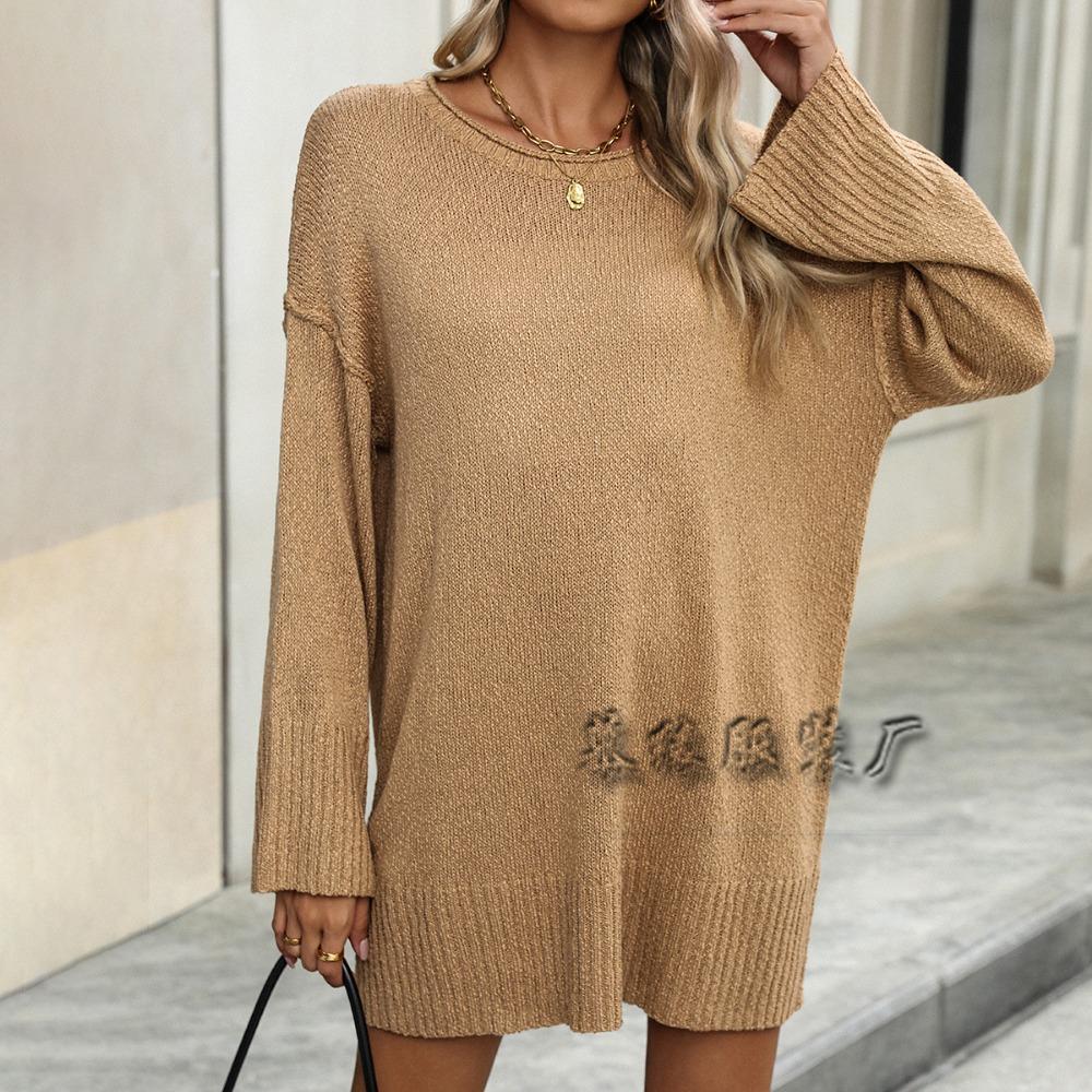 

Осенне-зимний свободный круглый вырез модный вязаный сексуальный пуловер свитер для женщин XL бежевый