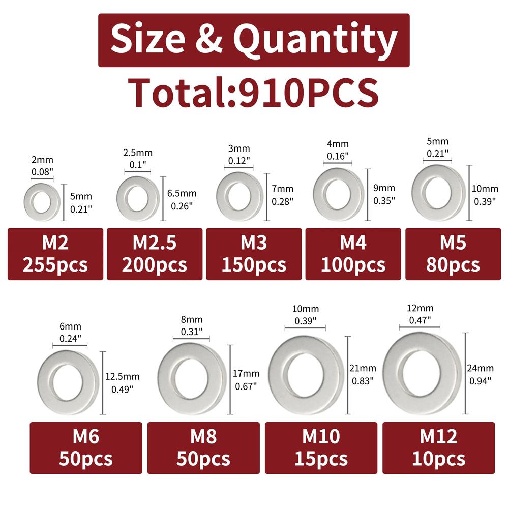 200/910pcs Stainless Steel Screw Flat Washer Spacer Metal Washer Fastener Kit For Factory Repairs Home Improvement Furniture