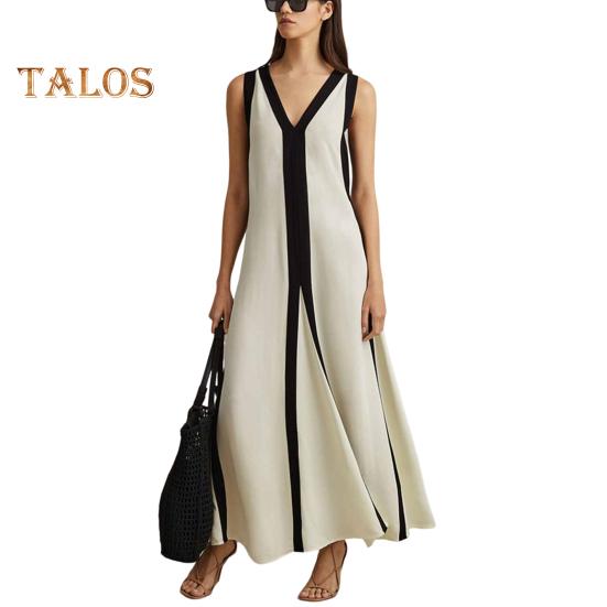 

Женское платье макси с v-образным вырезом без рукавов контрастного цвета, свободное длинное платье, двустороннее платье, праздничное дорожное платье L черный белый