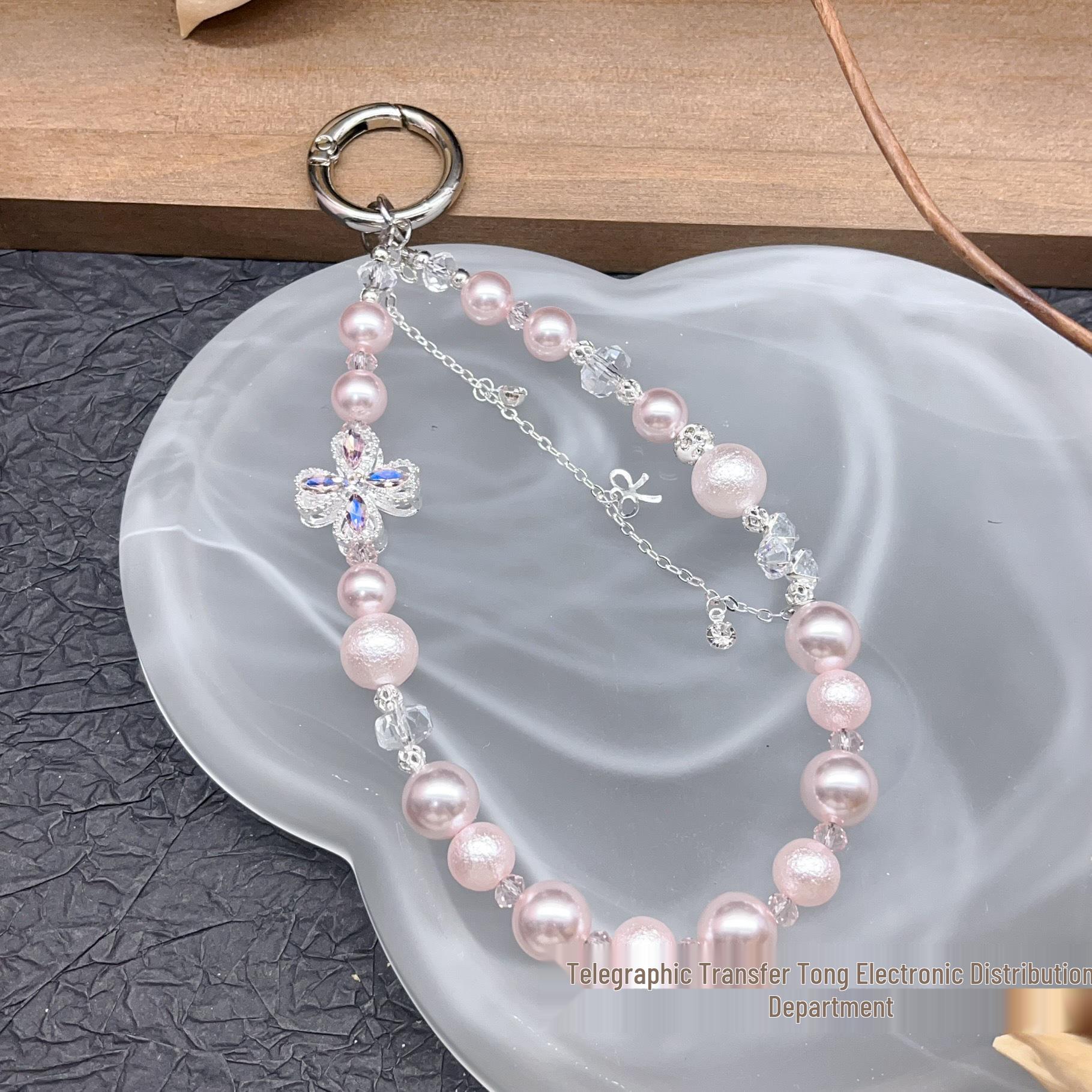 

Premium Four-Leaf Clover Zircon Keychain & Phone Pendant with Pearl Crystal Beads