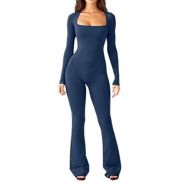 Langarm-Jumpsuits für Damen, Yoga-Jumpsuits, quadratischer Ausschnitt, geripptes Workout, ausgestelltes Bein, ganzer Länge, Strampler, Spielanzug