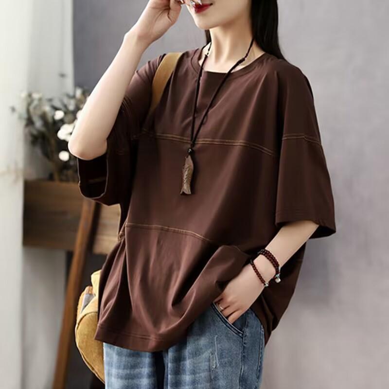 Plus size Women's Summer Short-sleeve T-shirt with Line Splicing Solid Color Loose Casual and Retro Style