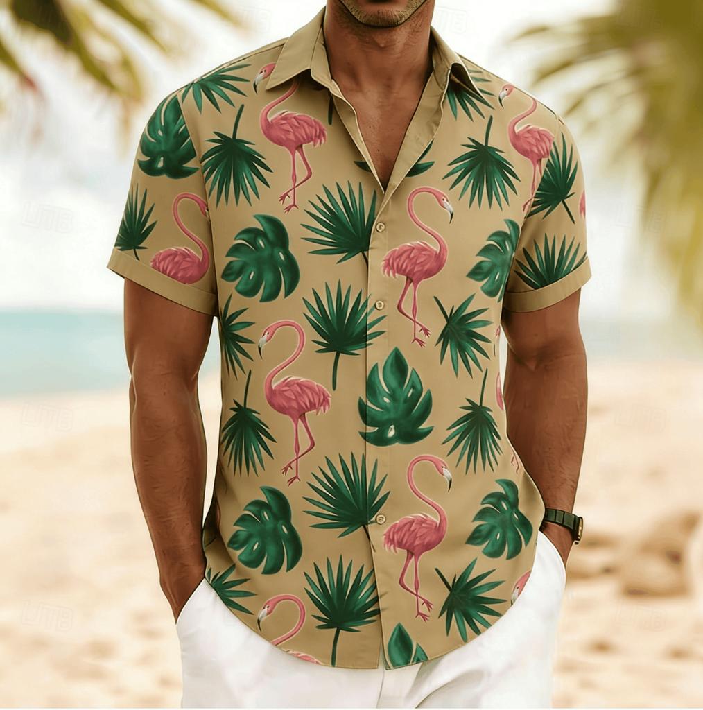 Men's Flamingo Tropical Monstera Palm Leaf Print Short Sleeve Shirt, Spring Summer Hawaiian Vacation Blouse, Loose Casual Top