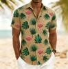 Men's Flamingo Tropical Monstera Palm Leaf Print Short Sleeve Shirt, Spring Summer Hawaiian Vacation Blouse, Loose Casual Top
