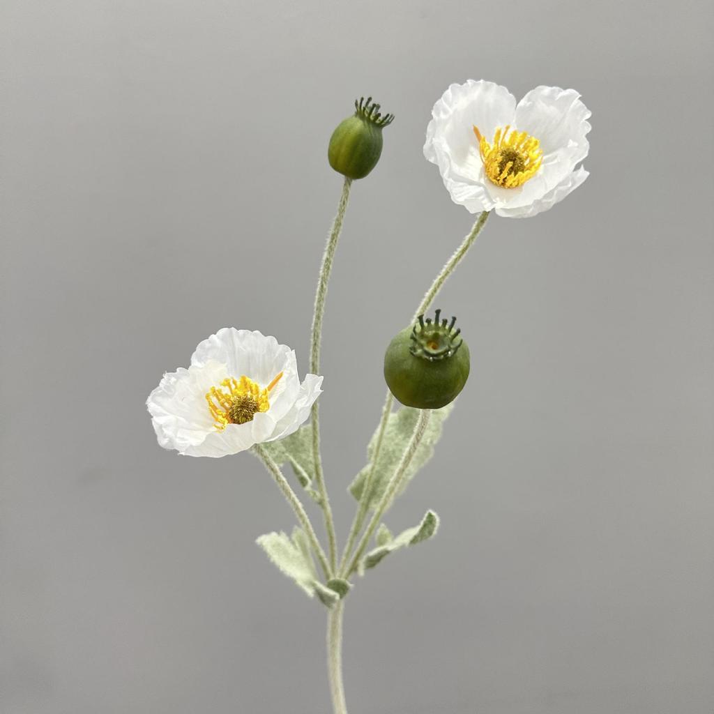 Flocked Poppy Silk Flower - 4-Head Single Stem for Wedding & Home Décor Vase