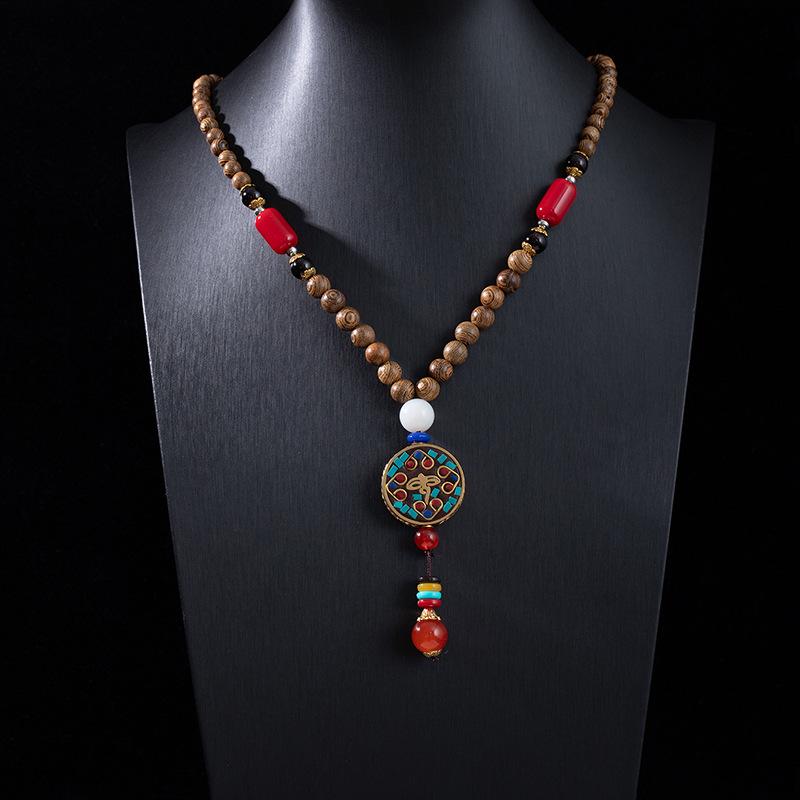 Ethnic Retro Vajra Bodhi Pendant Necklace with Wooden Beads