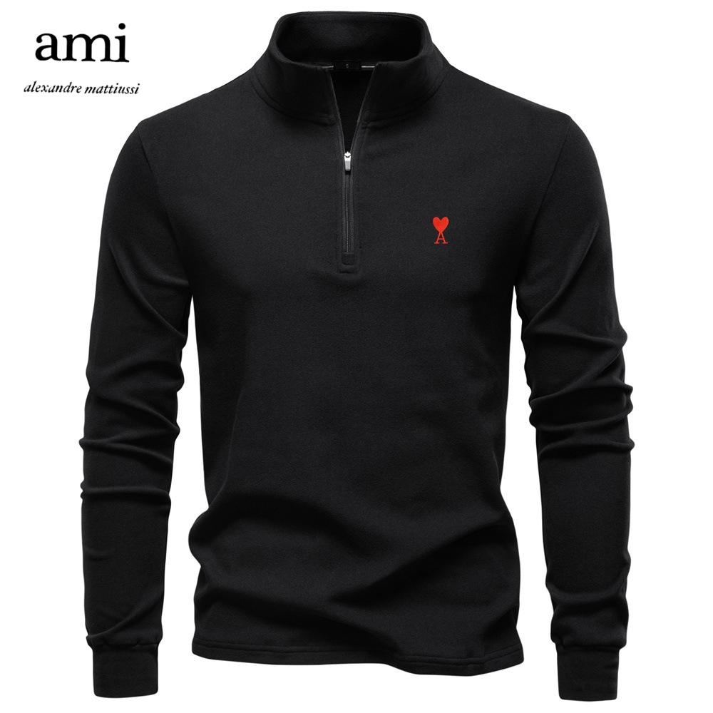 AMI 2025 Herfst/Winter Geborduurde Nieuwe Grote Heren Opstaande Kraag Halve Rits Lange Mouw Duits Velours Warme Basis Trui XL