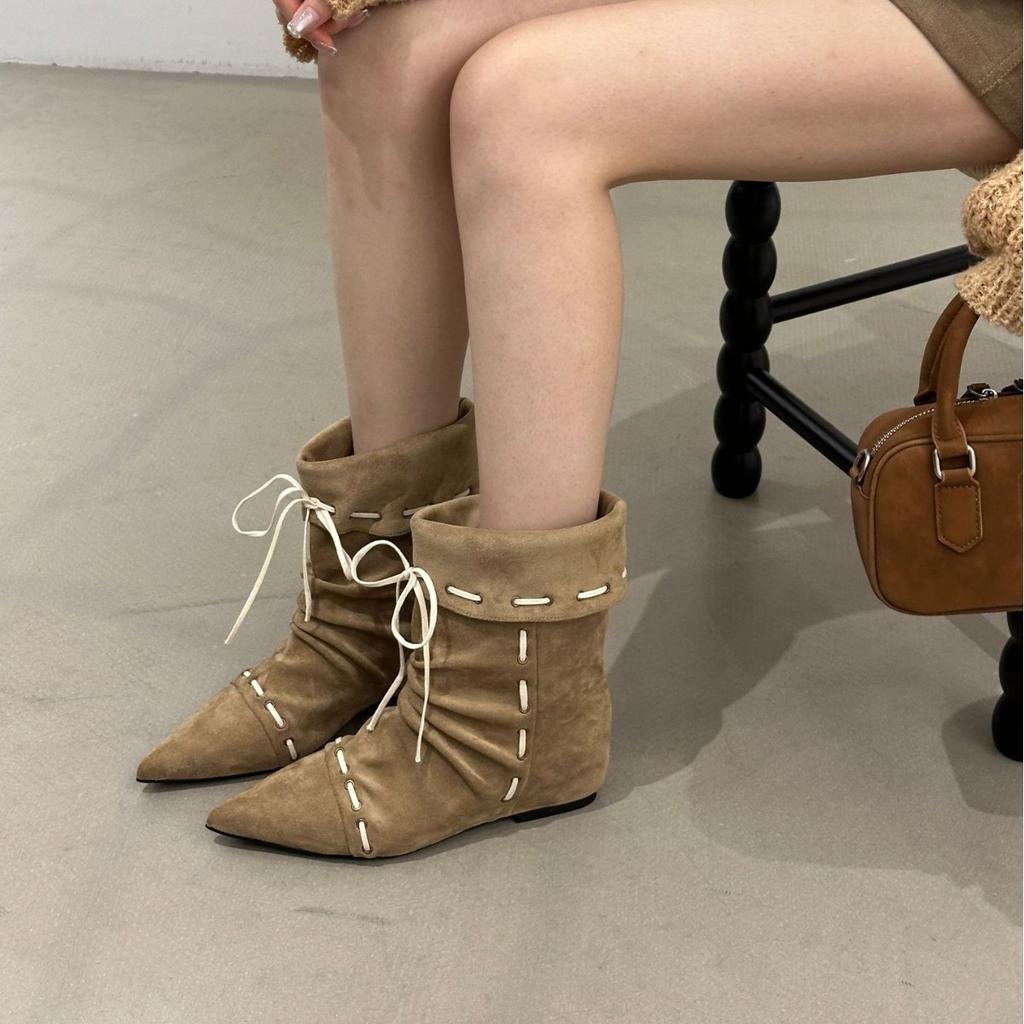 Inner Heightening Suede Pointed Lace-up Short Boots Women's 2025 Autumn and Winter New Korean Version of Western Cowboy Boots Sleeve Fashion Boots