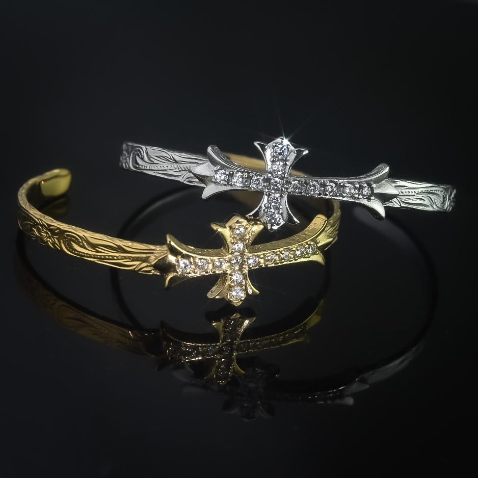 316L Hawaiian Bangle Cross Zirconia Bracelet Bangle Surgical Stainless Steel Gold [Lucliss]