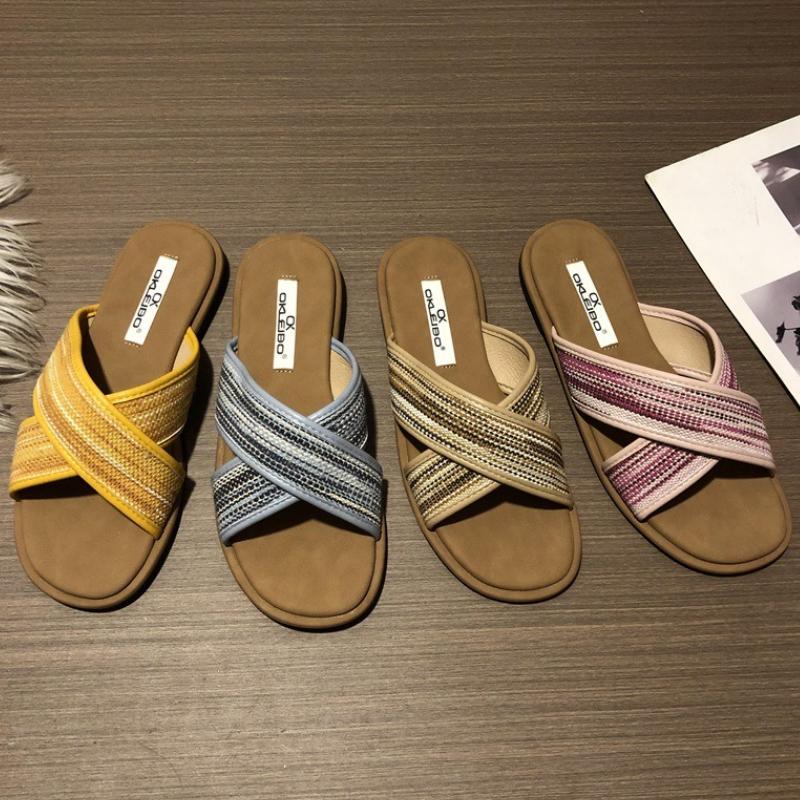Fashion Fashion Weave Cross Tied Slippers Women Comfortable Concise Summer Open Toe Flat Slippers Casual Non Slip Vacation Beach Sandals