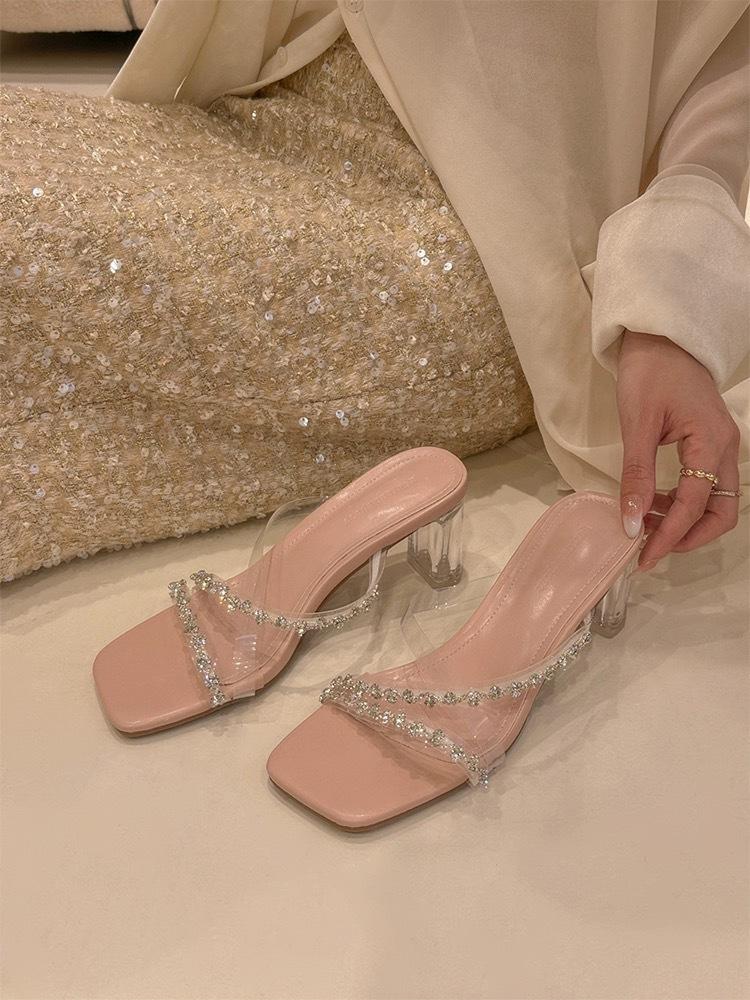 

Silver rhinestone Roman summer versatile thick heel shoes female 2024 new fairy wind flow light rhinestone silver horse slippers 40 рожевий