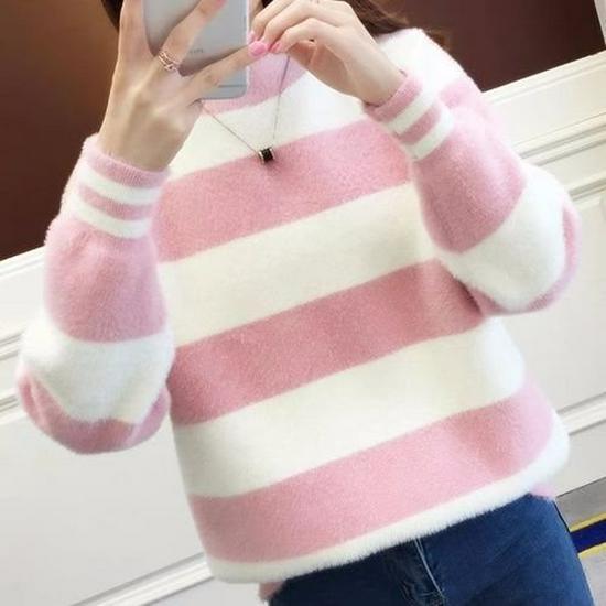 

Women s Striped Faux Mink Half-Turtleneck Pullover Sweater - Korean Style Warm Autumn/Winter Loose Fit 2XL