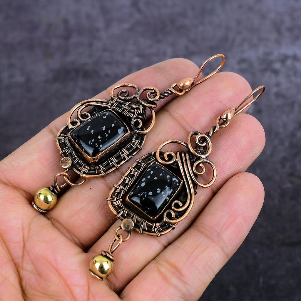 Natural Snowflake Obsidian Gemstone Copper Wire Wrap Jewelry Earring 3.35" y6s07