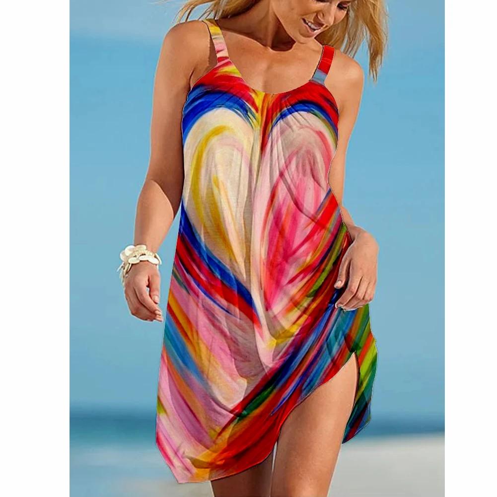 Love Color 3D Printing Casual Sundress Summer Vintage Floral Dress Casual Womens Dress Female Clothes Slim Vestido Girl Dress