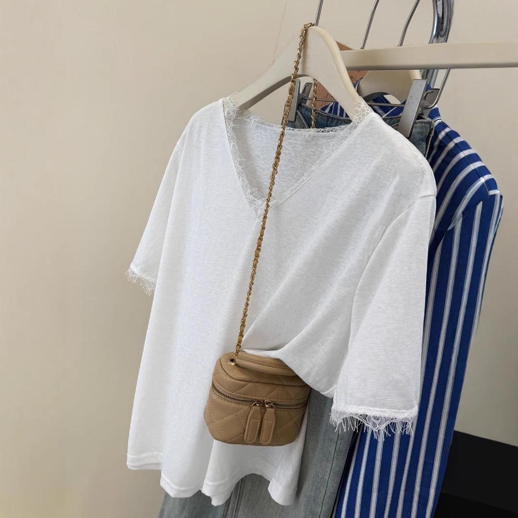 Women's Lace Trim Ballet V-Neck Short Sleeve Loose Tee - Summer Korean Style