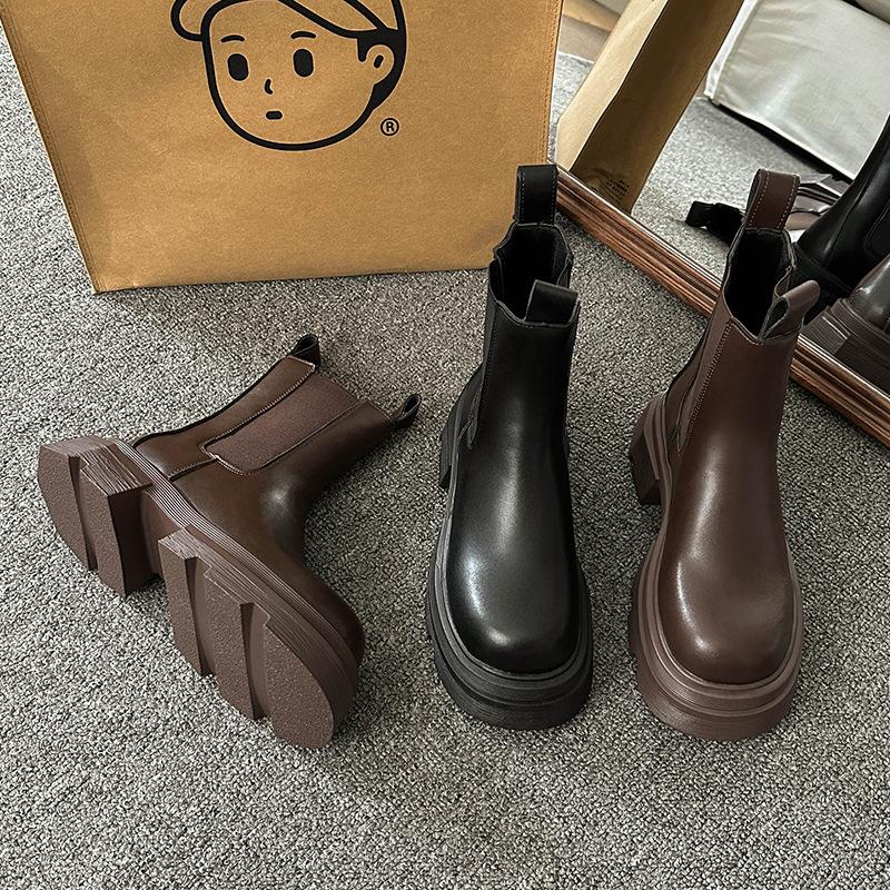 Chelsea Martin Boots Women's Spring and Autumn Single Boots 2025 New Big Head Platform Cigarette Medium Boots Coffee Short Boots Trendy Girl