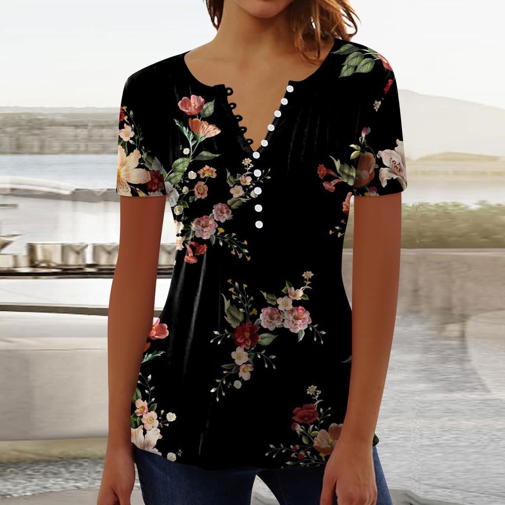 (brisand) Women's Shirt Blouse Button Retro Print Short Sleeve Casual Basic Round Neck Regular Top