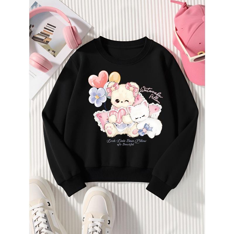 European sizes Girls' Soft Crewneck Sweatshirt with Cute Bear & Cat Pillow Print, Casual All-Match, Ideal Holiday Present
