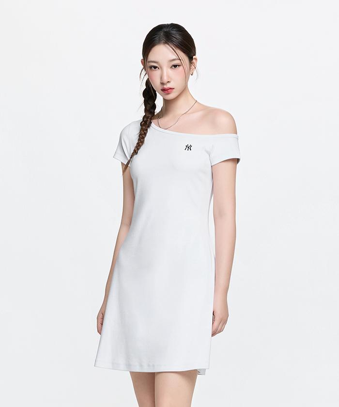 Emelbi Women'S Basic Off-Shoulder Shirred Ribbed Dress Ny (White)