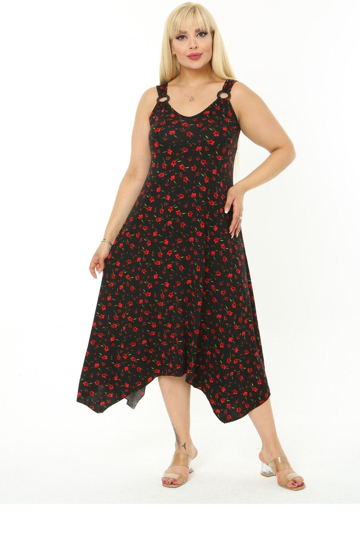 

Women s Big Size Dress Red Small Flower Pattern Strap Dress XL/2XL