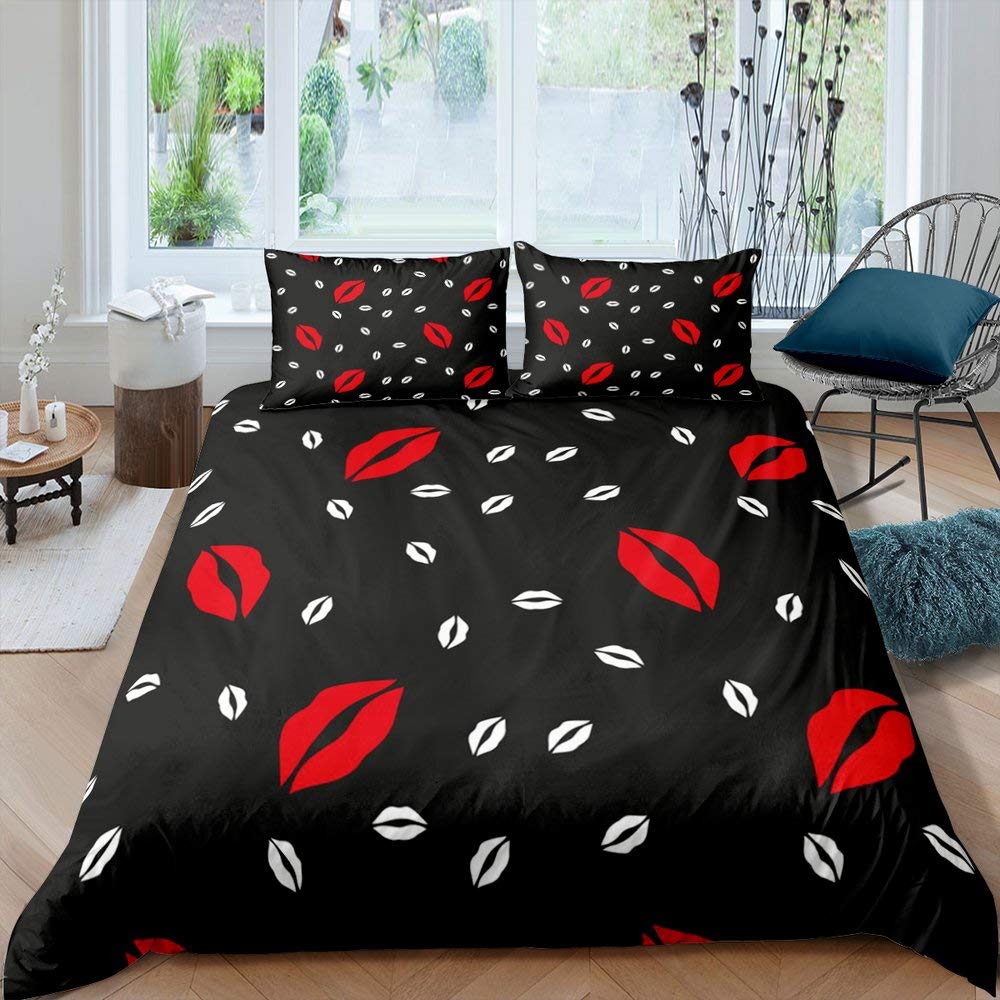 

Kiss Lips Printed Comforter Cover Set Sexy Lips Duvet Cover for Woman Tie-Dye Boho Psychedelic Bedding Set Stylish Black Cover EU Single(135x200cm)